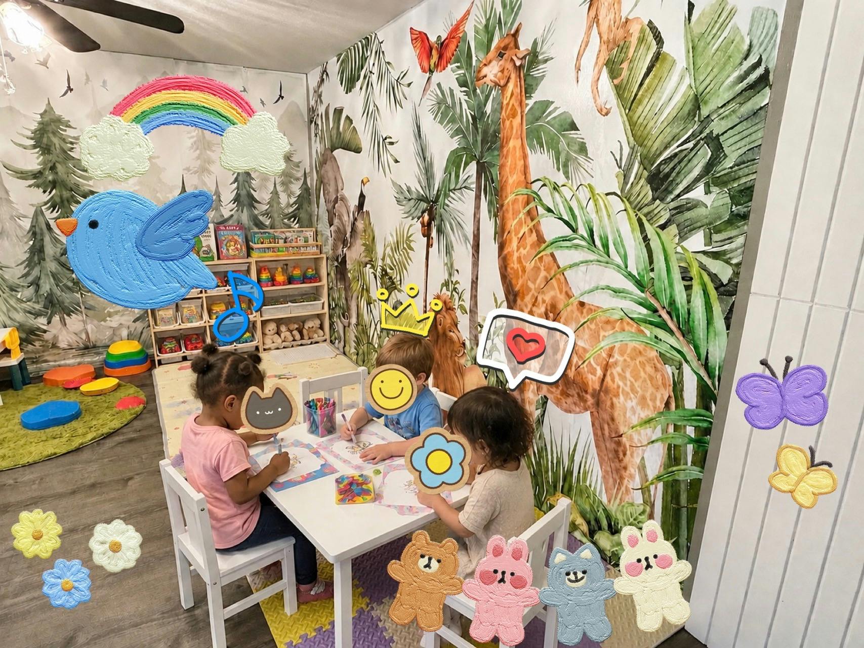 Three children coloring at a small table in a playroom