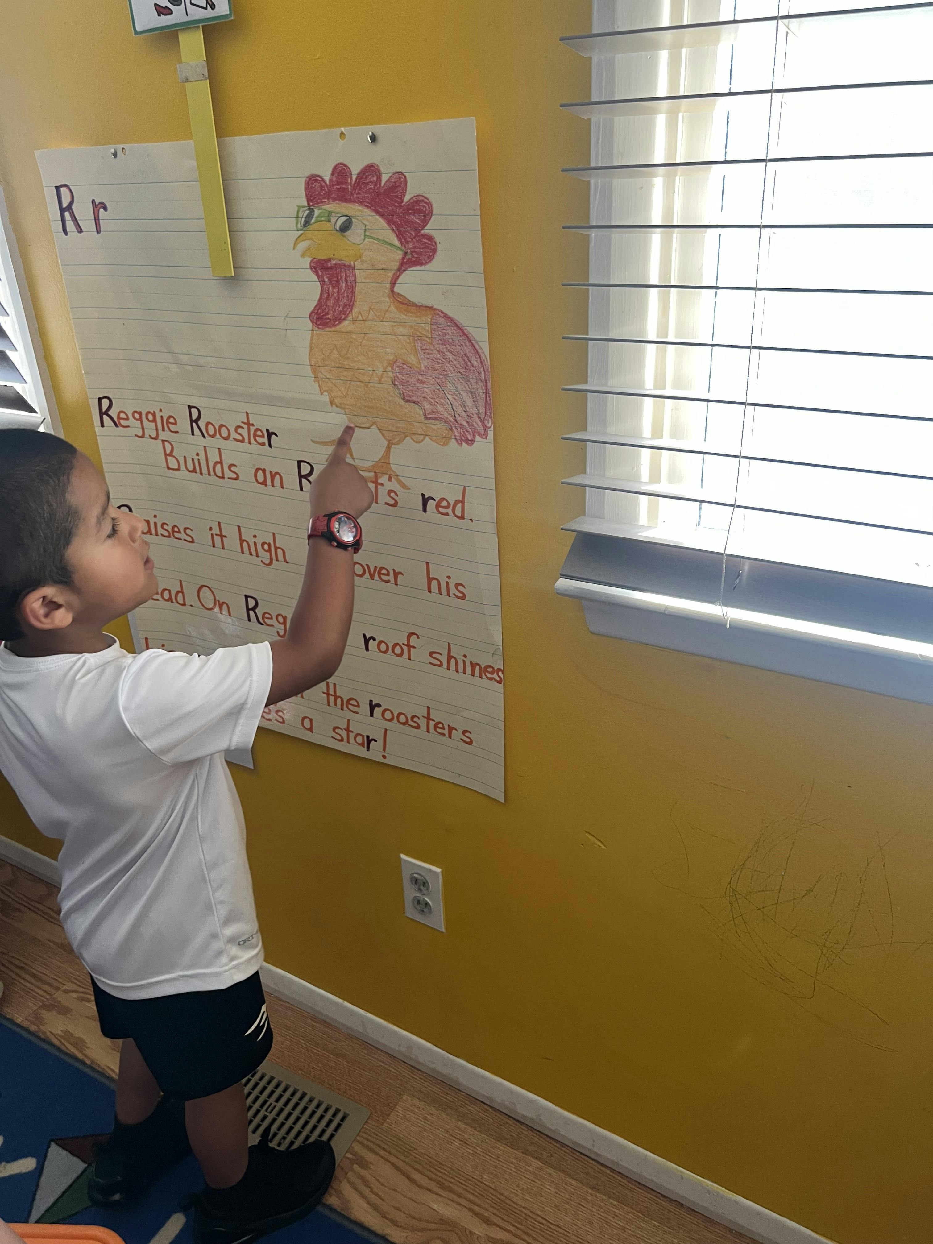 Child pointing at a drawing of a rooster on a classroom wall chart