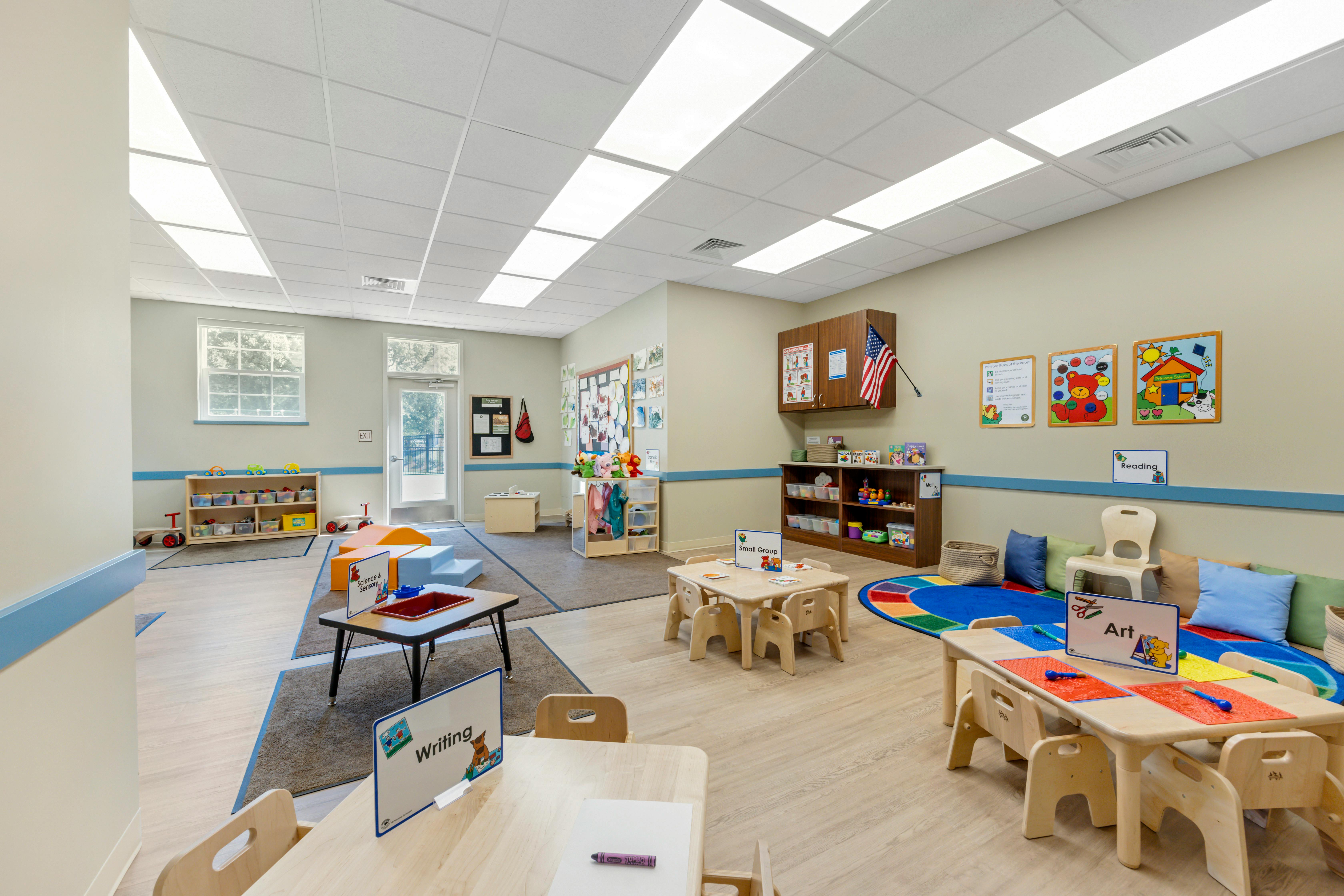 An empty early childhood classroom with multiple learning stations