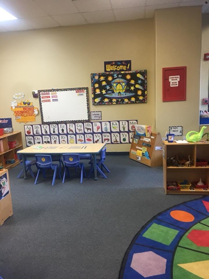 Empty classroom with small tables and chairs, alphabet chart on wall