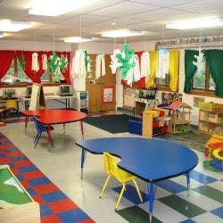 Classroom with colorful tables and chairs