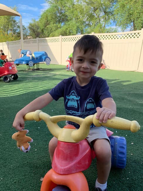 Child on a tricycle holding a small toy