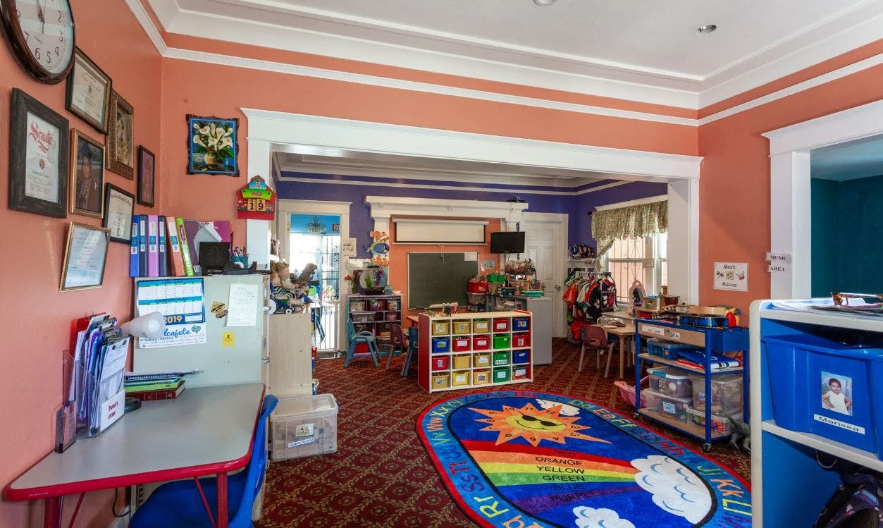 Classroom with a colorful rug and various learning stations