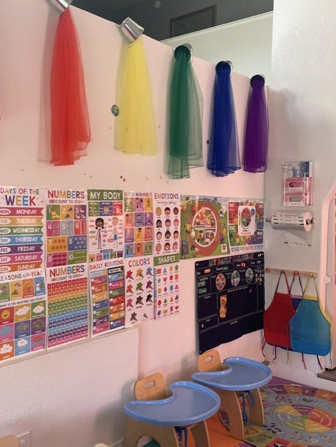 Educational posters and colorful fabric drapes on a wall in a classroom