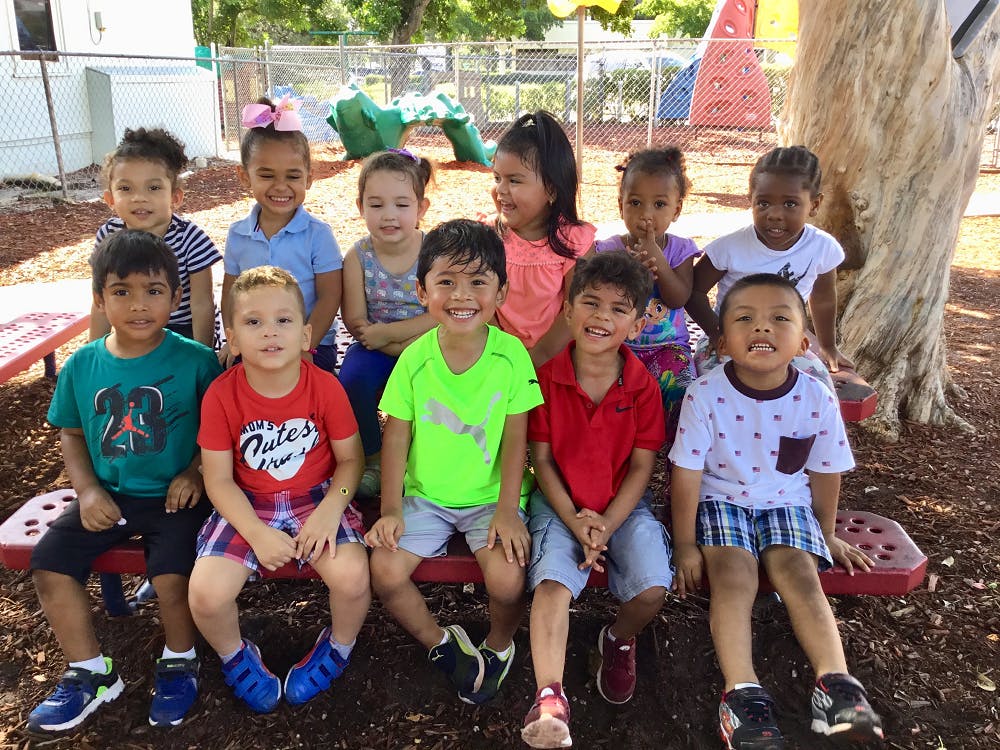 Group of children sitting on a bench outdoors