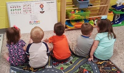 Four children sitting on a rug looking at a whiteboard