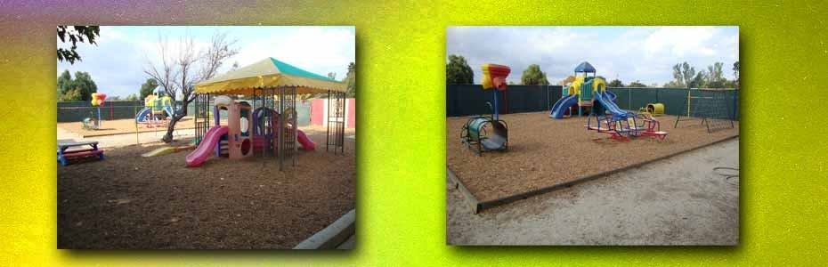 Two separate outdoor playgrounds with slides and play structures