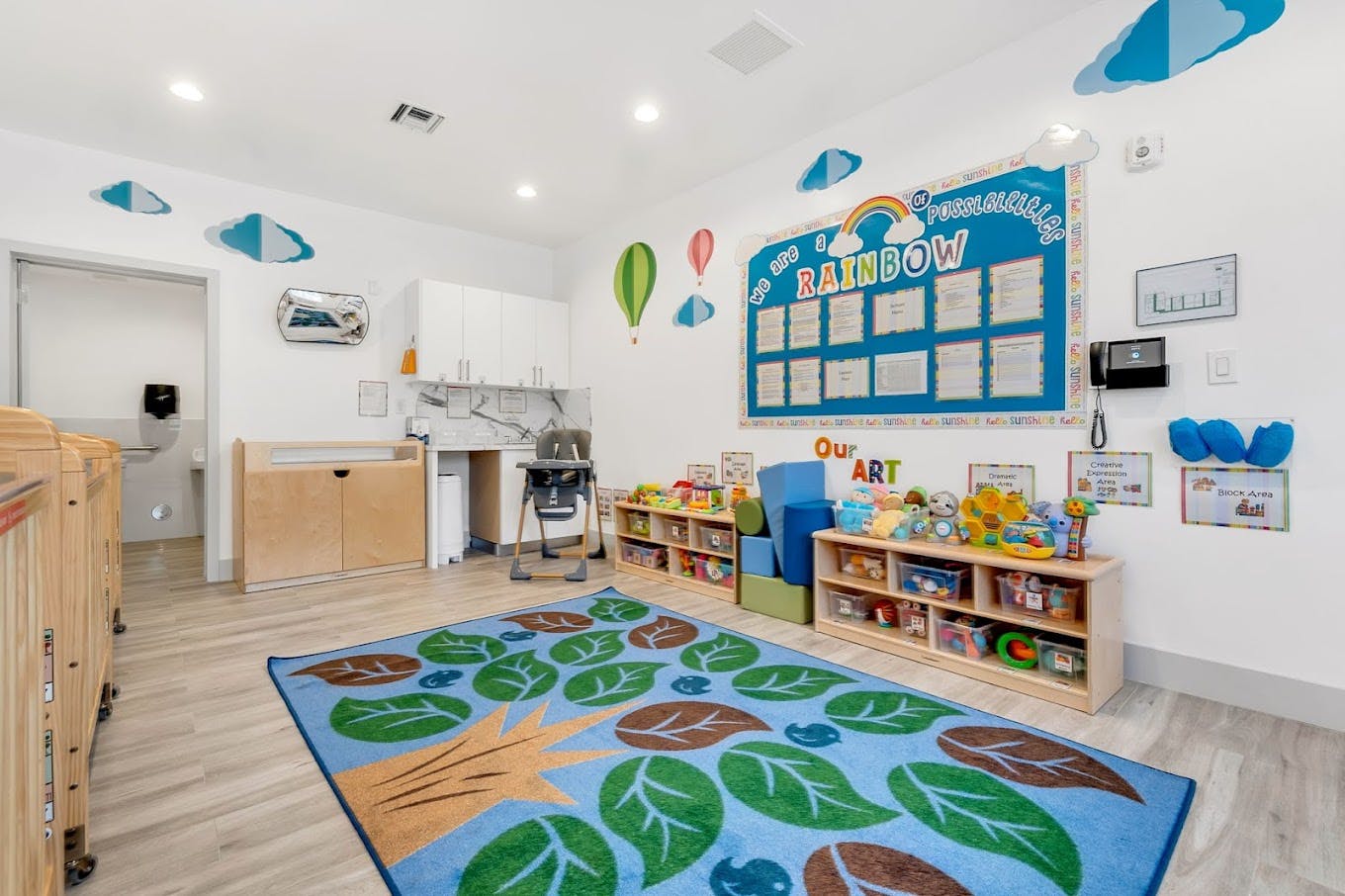Playroom with a colorful rug, cribs, and shelves with shelves of toys