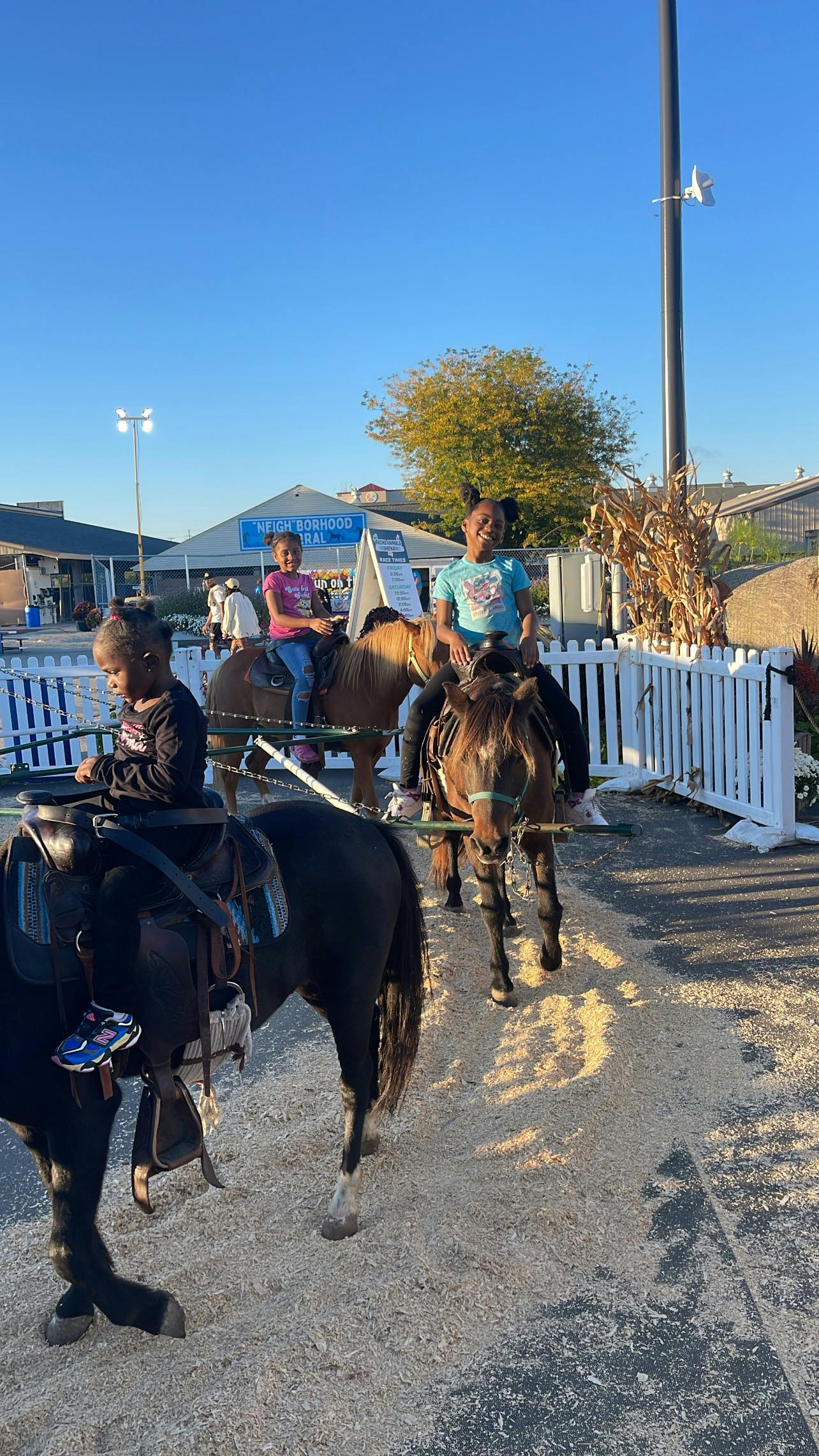 Children riding ponies in a fenced area at an event