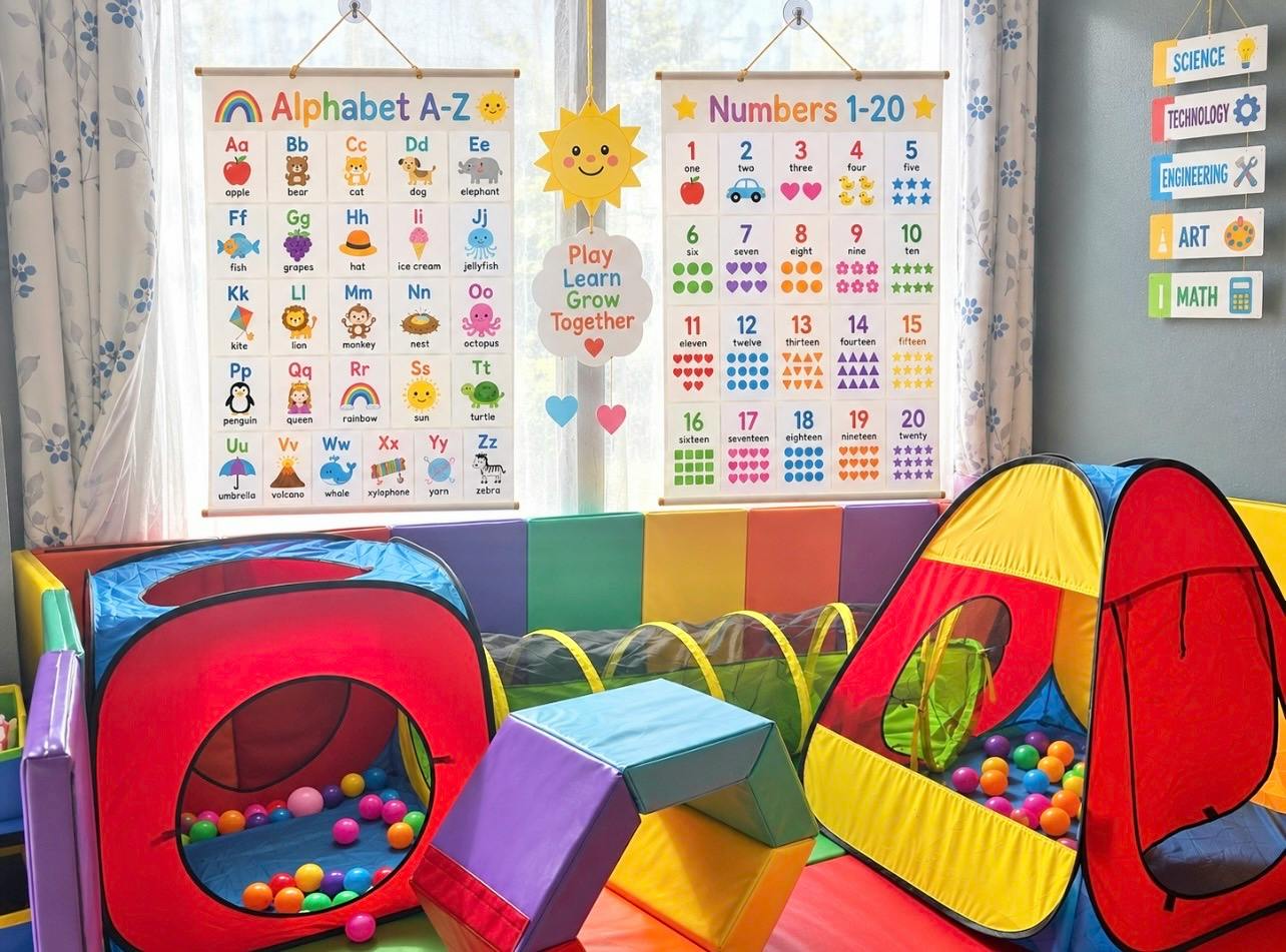 Colorful playroom with alphabet and number charts and play tents