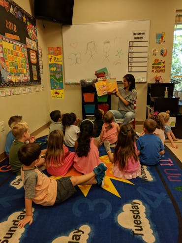 Person reading a book to a group of children in a classroom