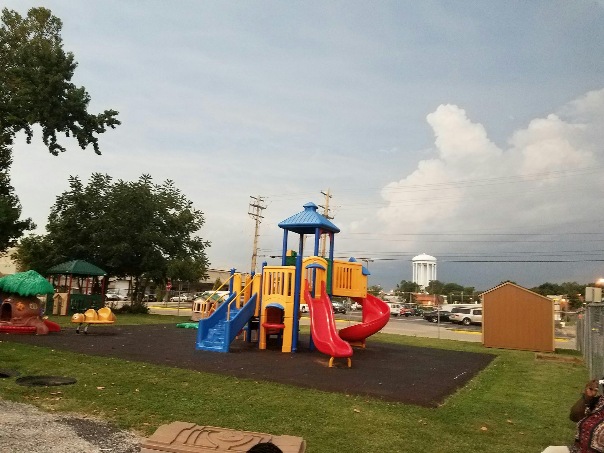 Playground with slides and climbing structures