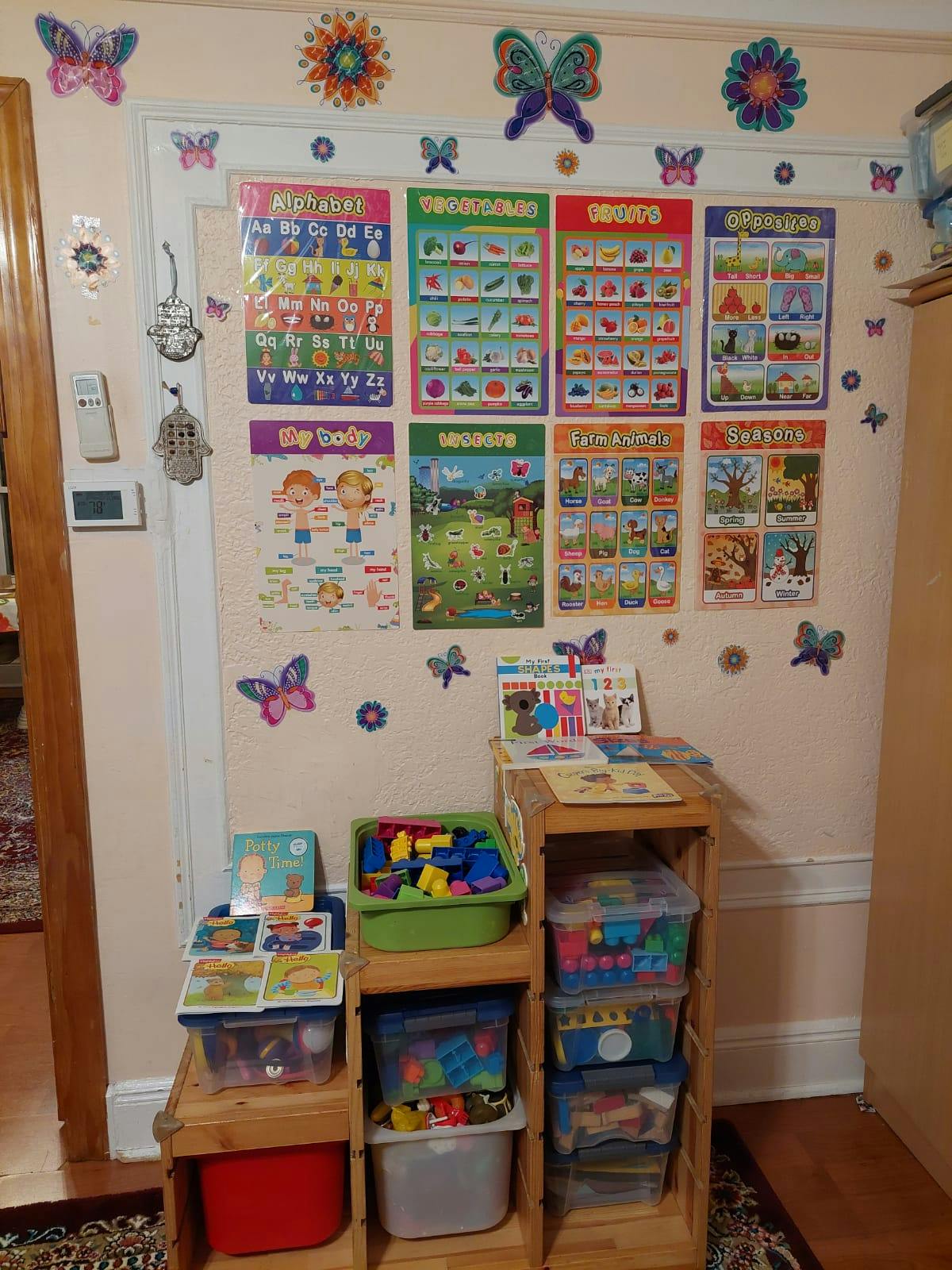 Wall with educational posters and shelves with toys and books