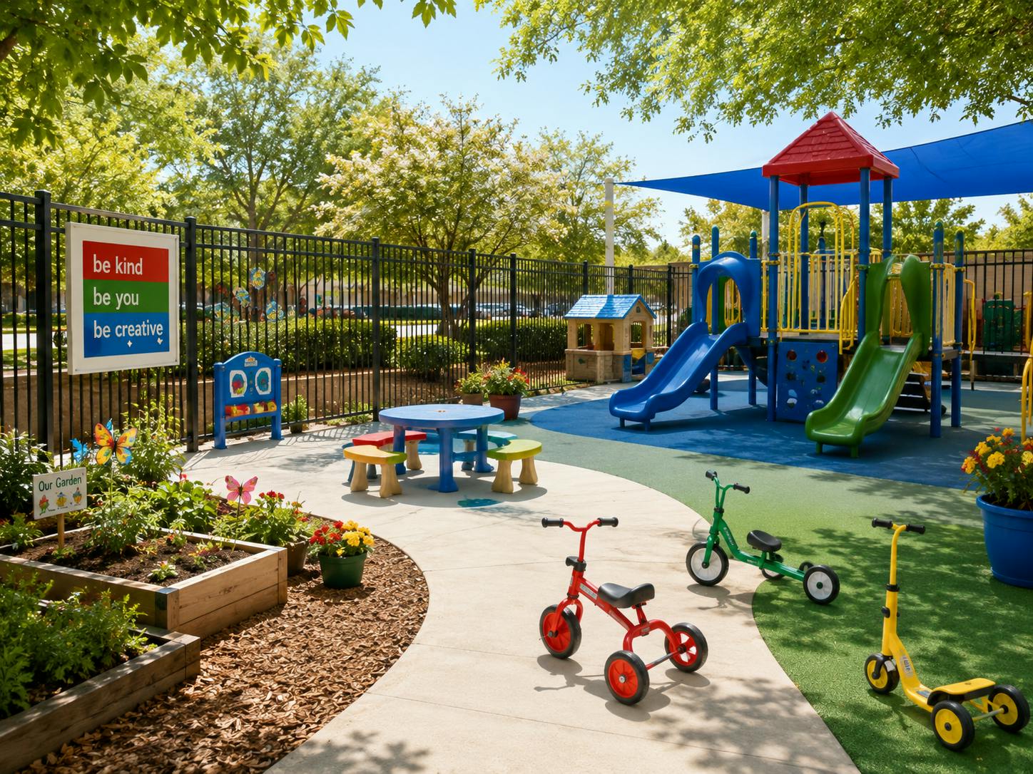 Colorful playground with slides, small table and chairs, tricycles, and garden beds