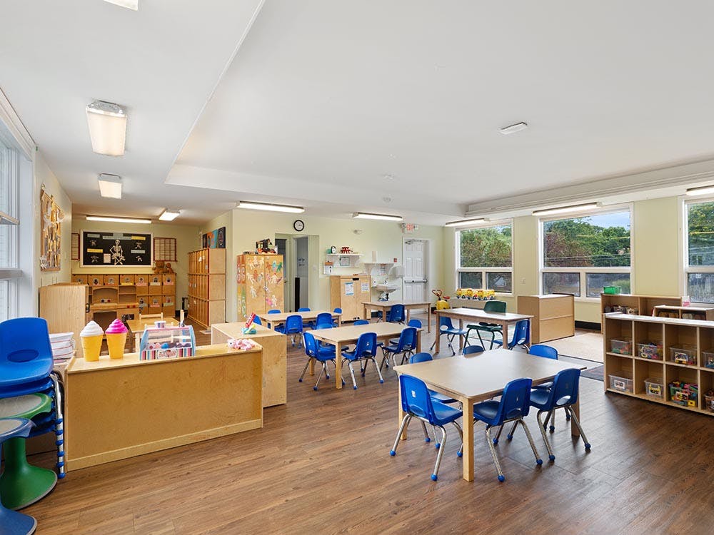 Classroom with small tables and chairs
