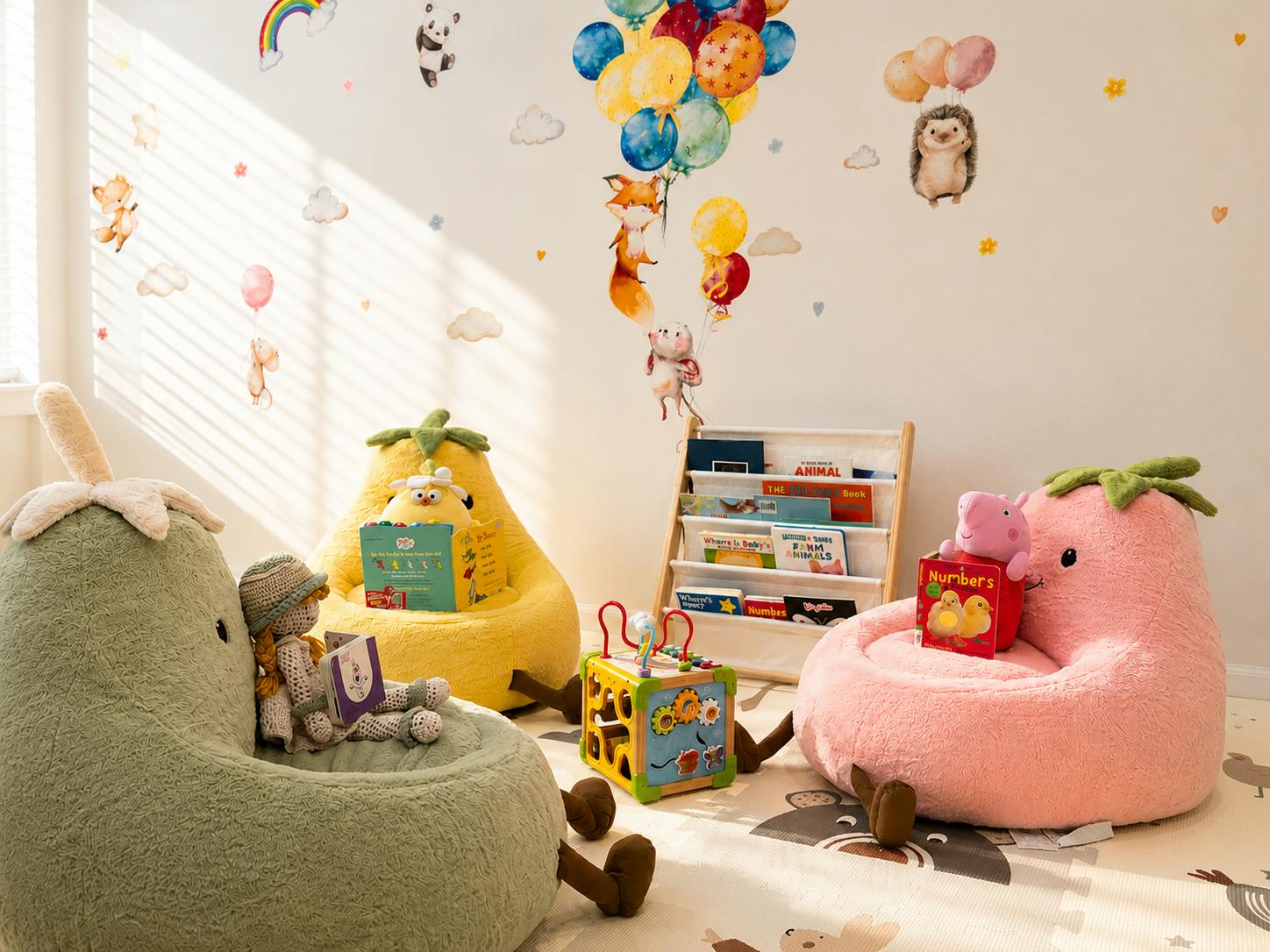 Fruit shaped chairs with stuffed toys and books in a play area