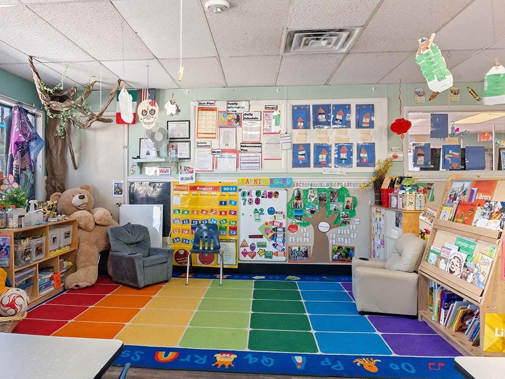 Colorful classroom with a calendar, child artwork, bookshelves, and rainbow rug