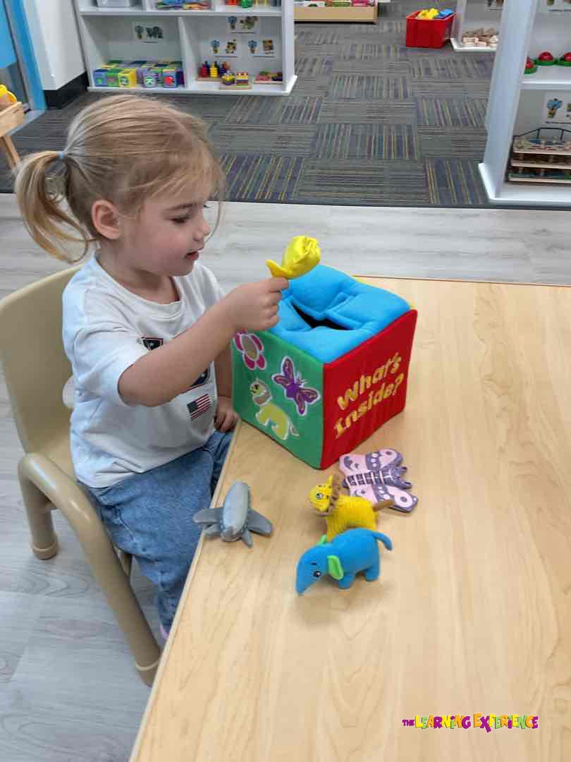 Child playing with a "What's Inside?" box and toys on a table