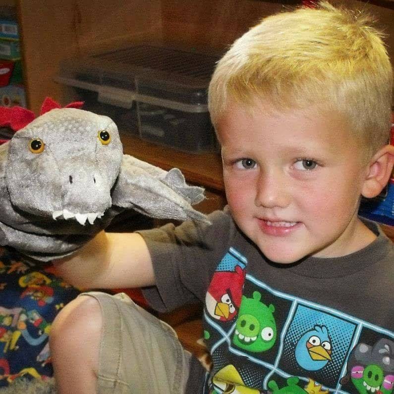 Child holding a dinosaur puppet