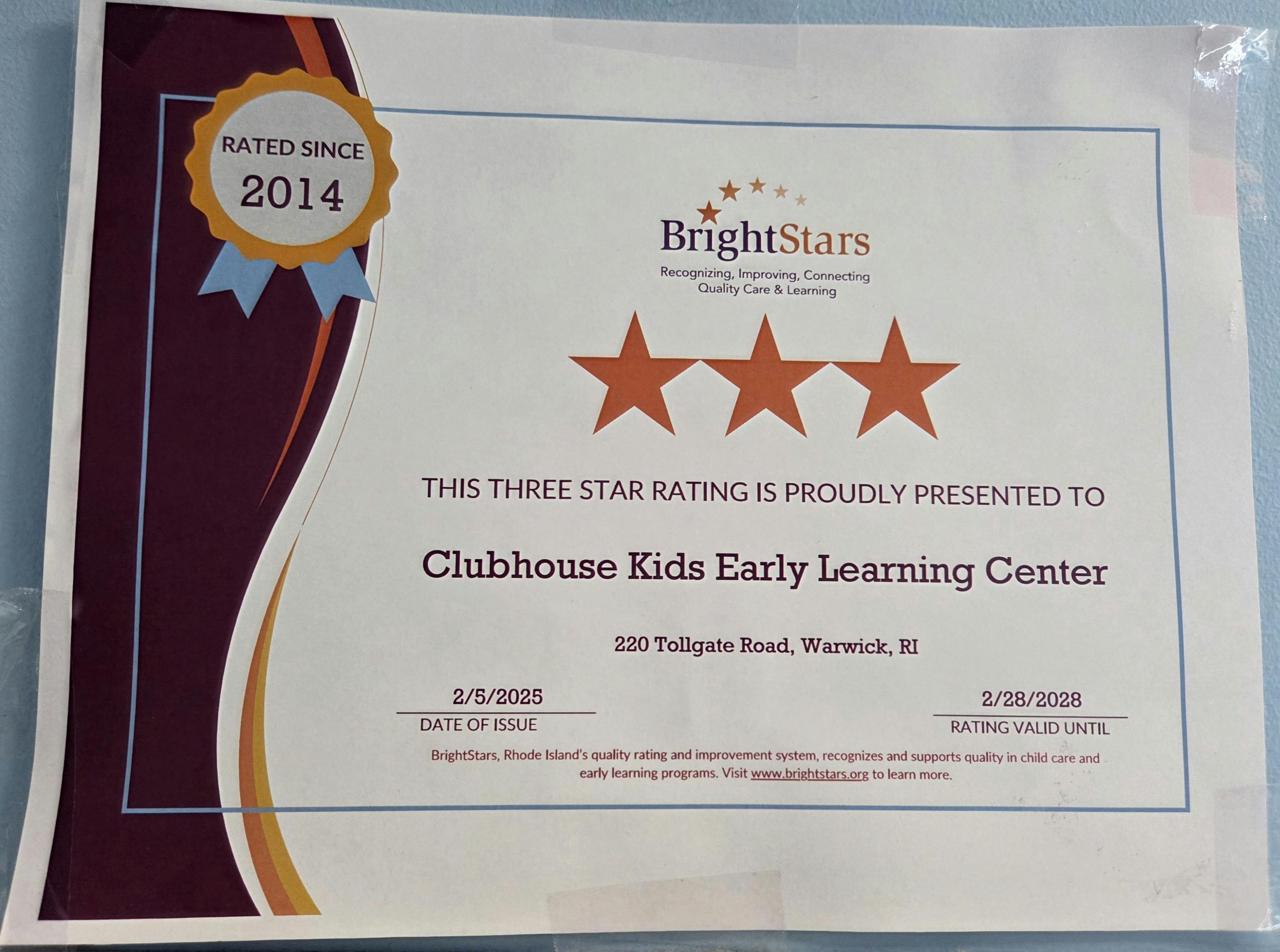 BrightStars three-star rating certificate for Clubhouse Kids Early Learning Center