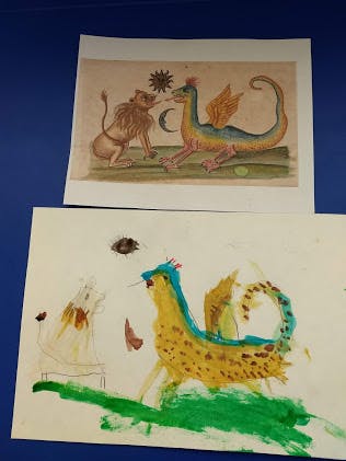Two drawings of a winged creature and a lion-like animal