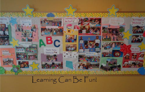 Bulletin board with photos, text, and stars, with "Learning Can Be Fun!" below
