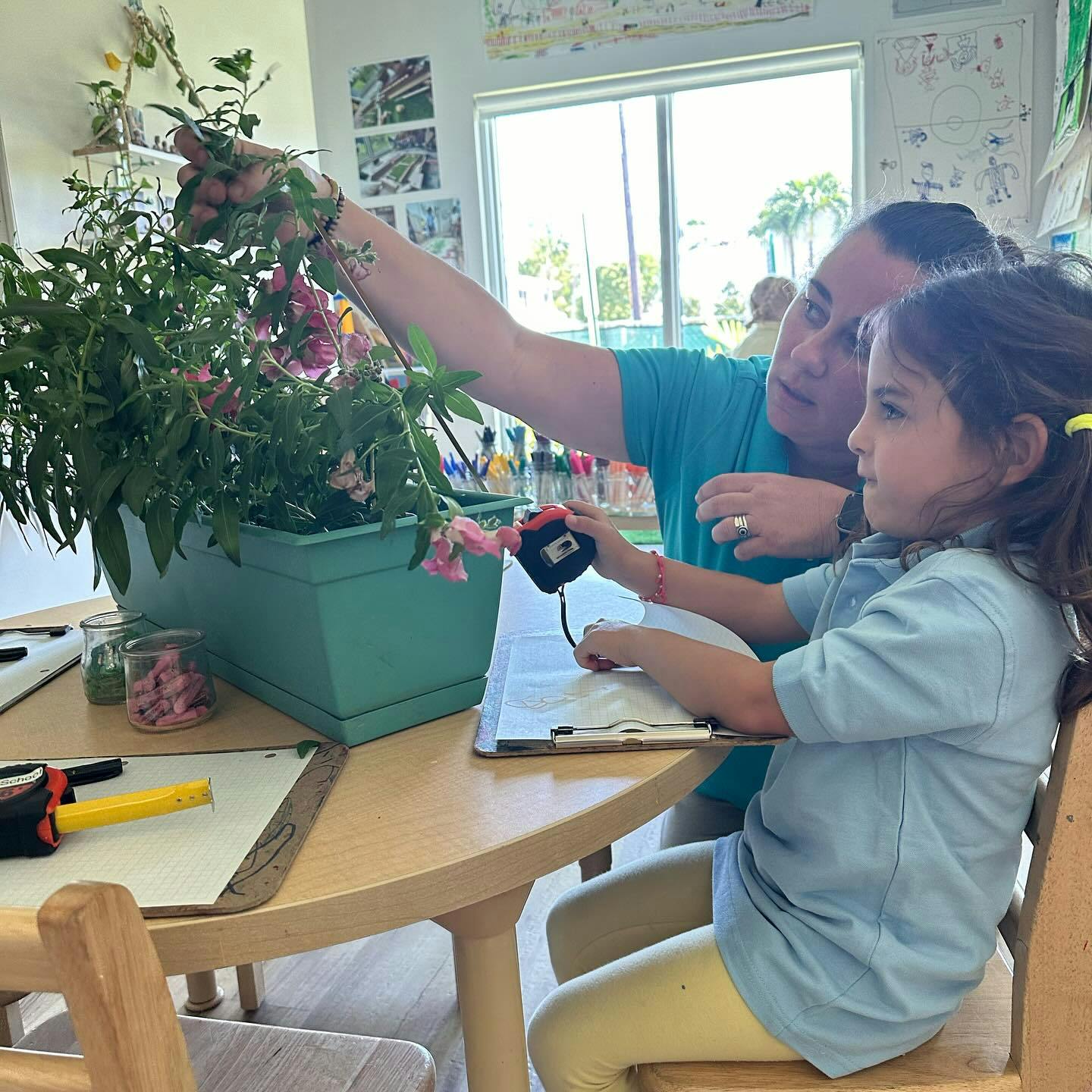 Adult and child measuring a plant in a classroom