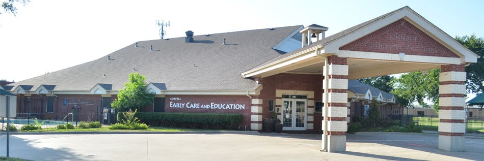 Building with a covered entrance and a sign that reads "Early Childhood Education"