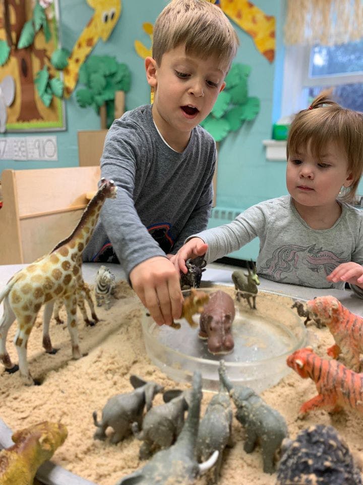 Two children playing with animal figurines in a sand table