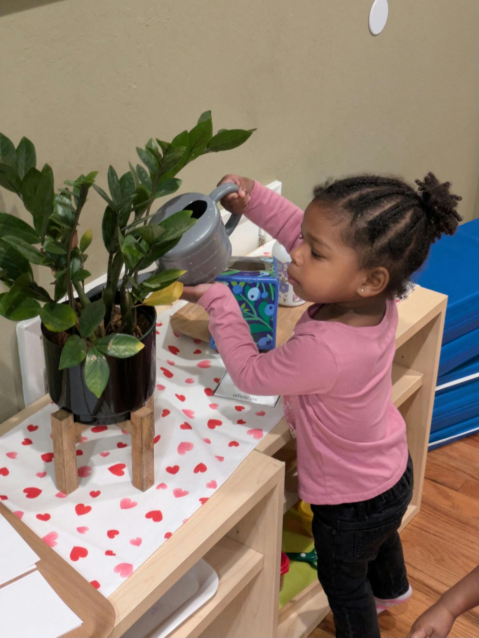 Child watering a plant with a small watering can
