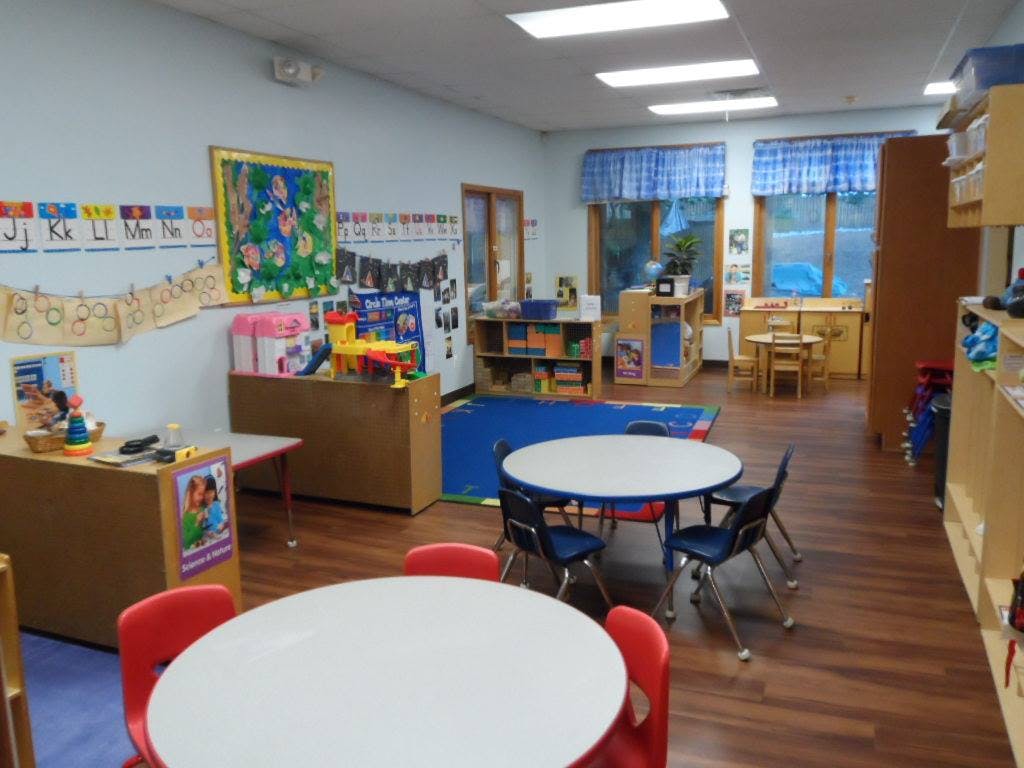 Classroom with small tables and chairs, educational posters on walls