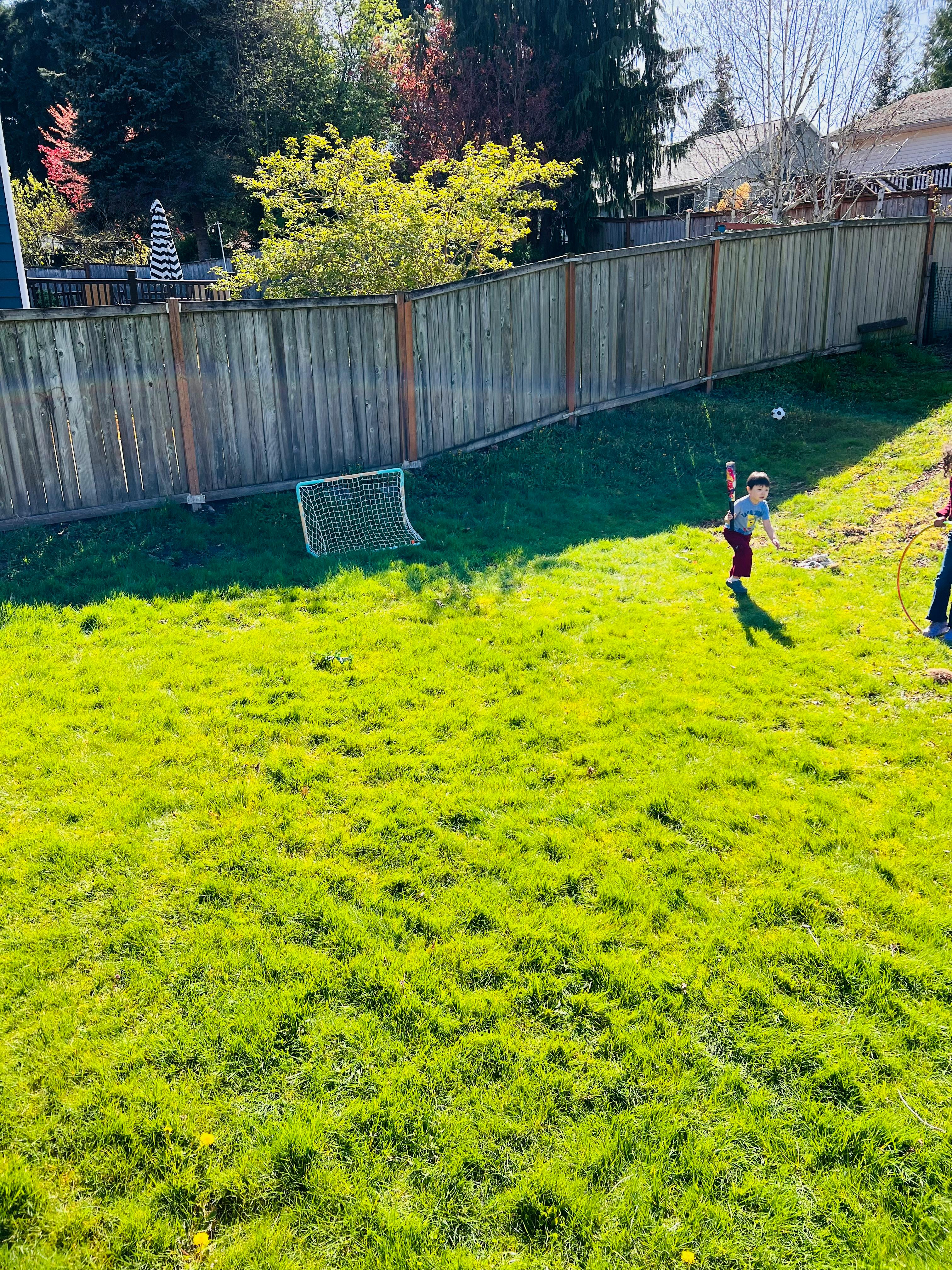 Child playing with a baseball bat in a grassy yard