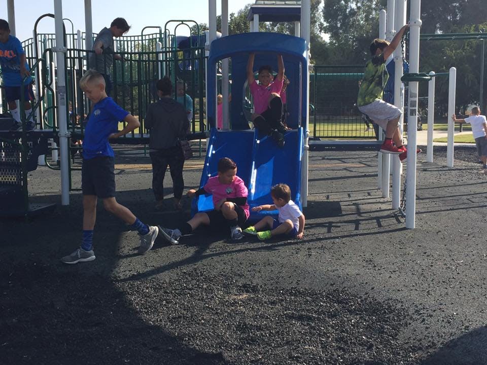 Children playing on a playground structure