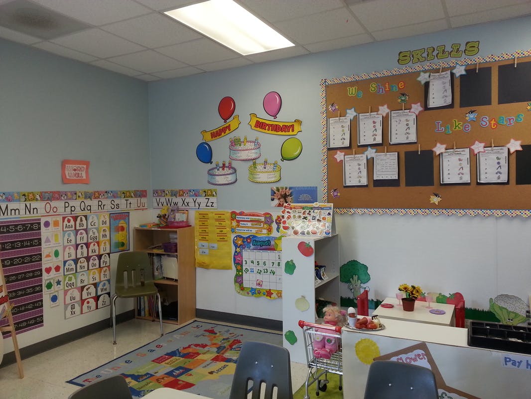 Classroom with birthday decorations and bulletin board