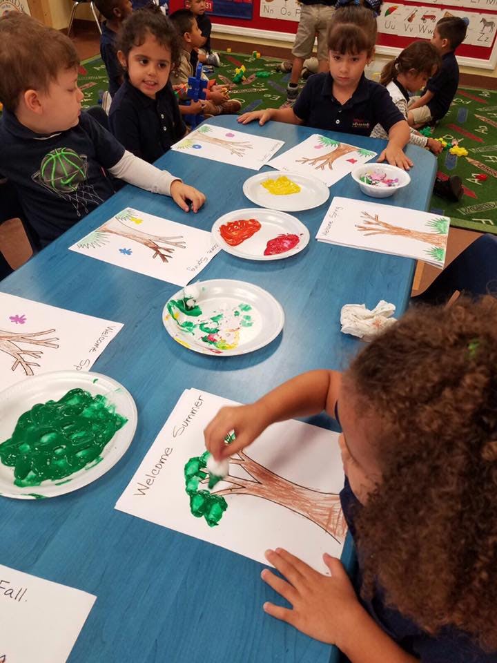 Children painting tree pictures at a table