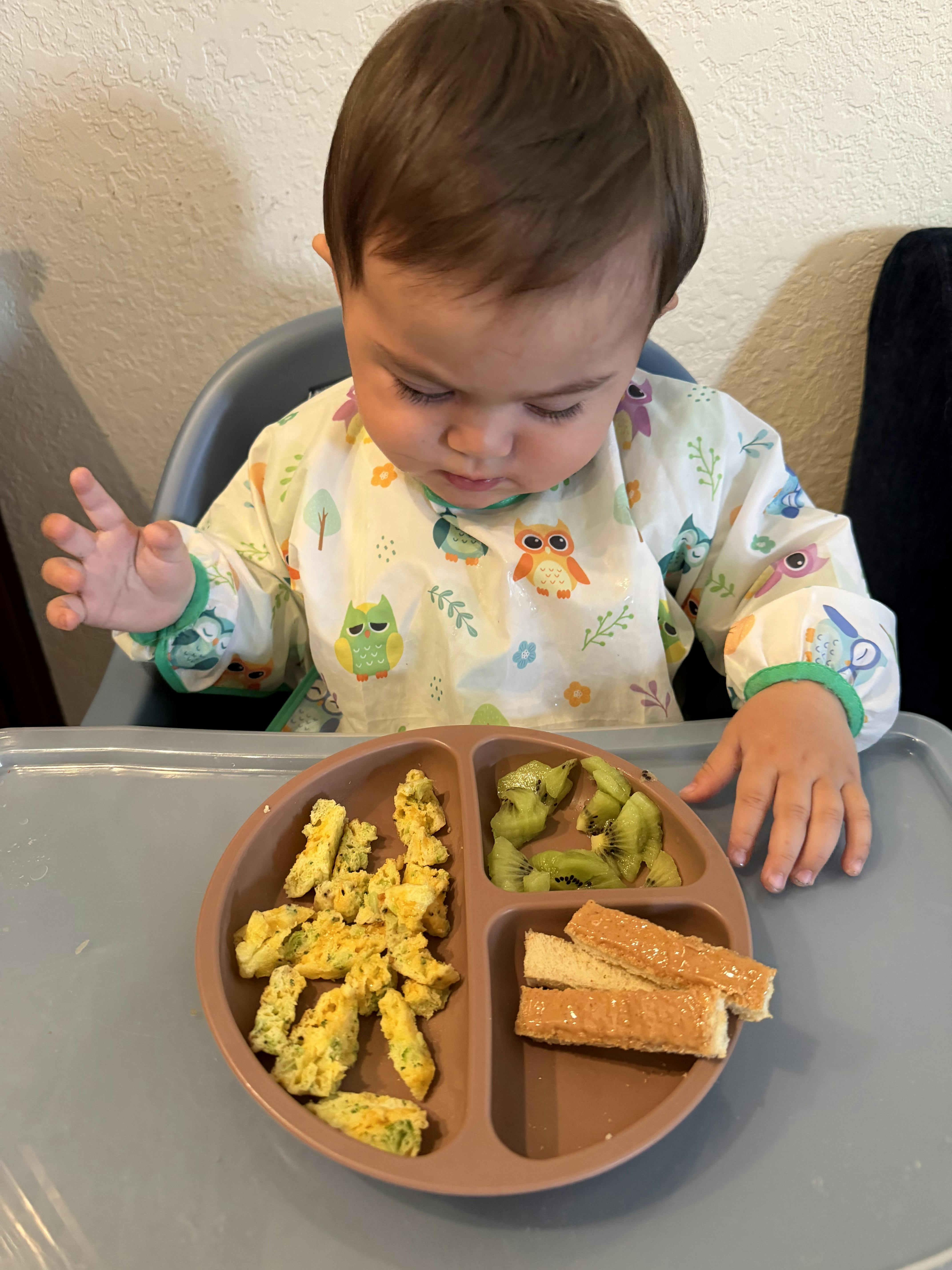 Child sitting in a high chair with a plate of food