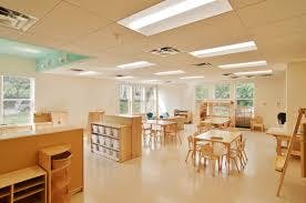 Empty classroom with small tables and chairs