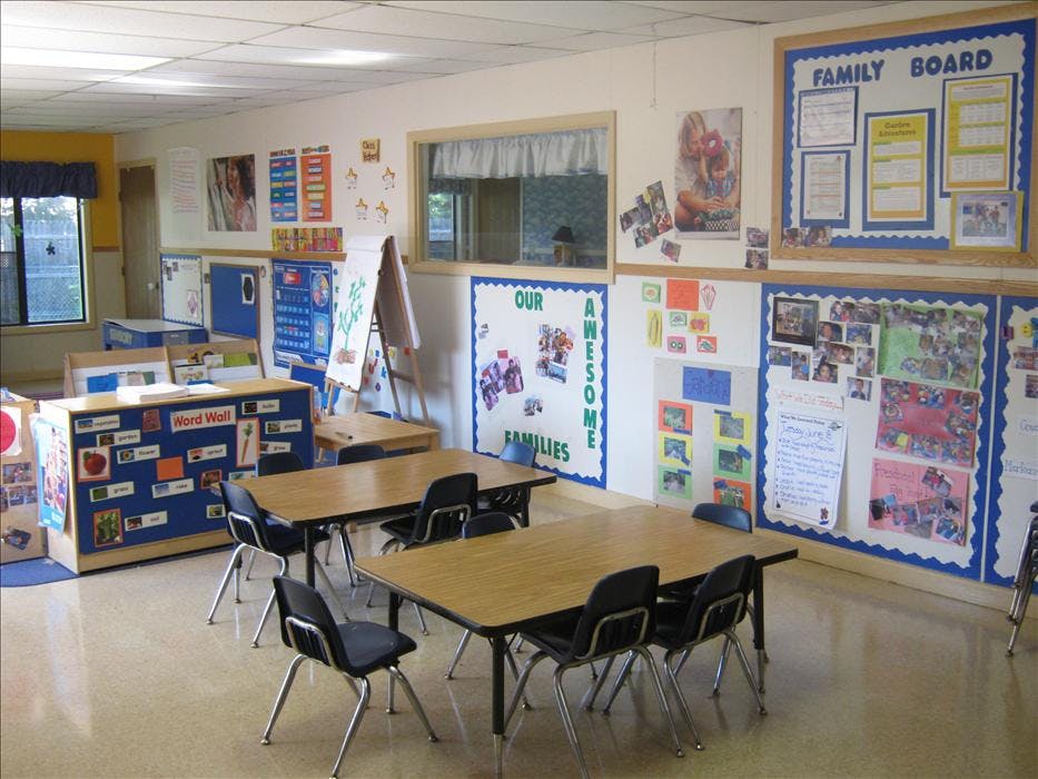 Classroom with small tables and chairs, and a 'Word Wall' display