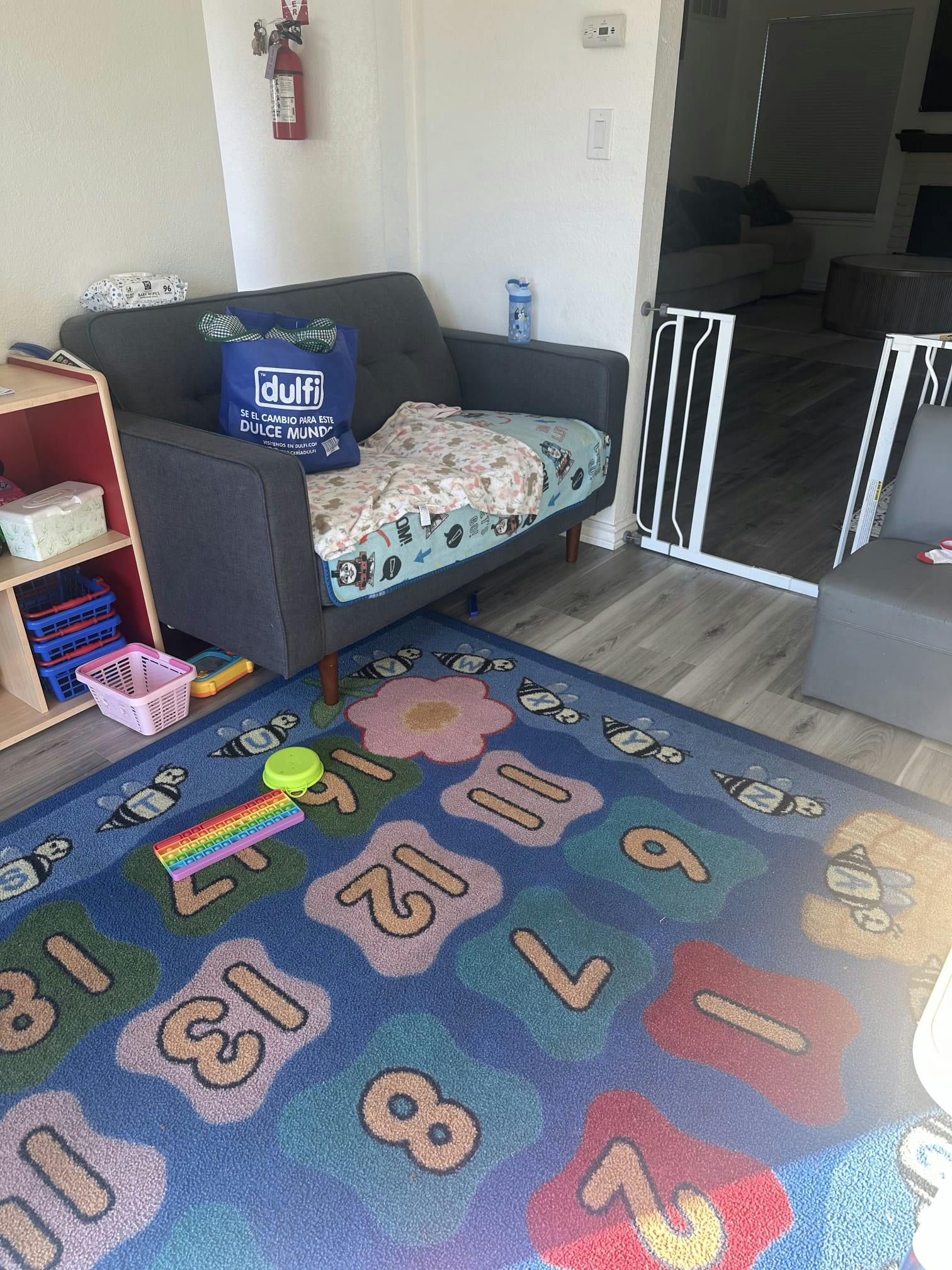 Playroom with a sofa, shelving unit, and a numbered area rug