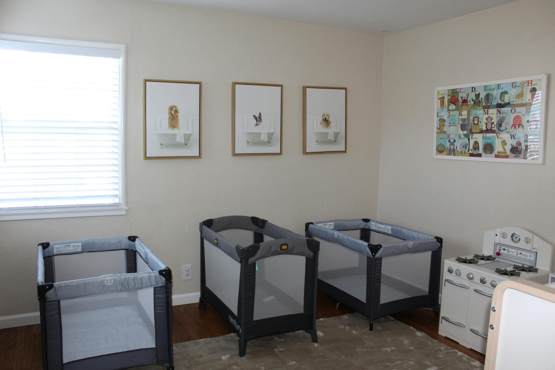 Three playpens and a toy kitchen in a room with framed dog pictures