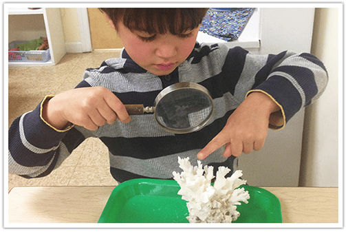 Child holding a magnifying glass over a white object on a green tray