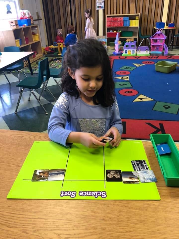 Child sorting cards on a green mat labeled "Science Sort" in a classroom