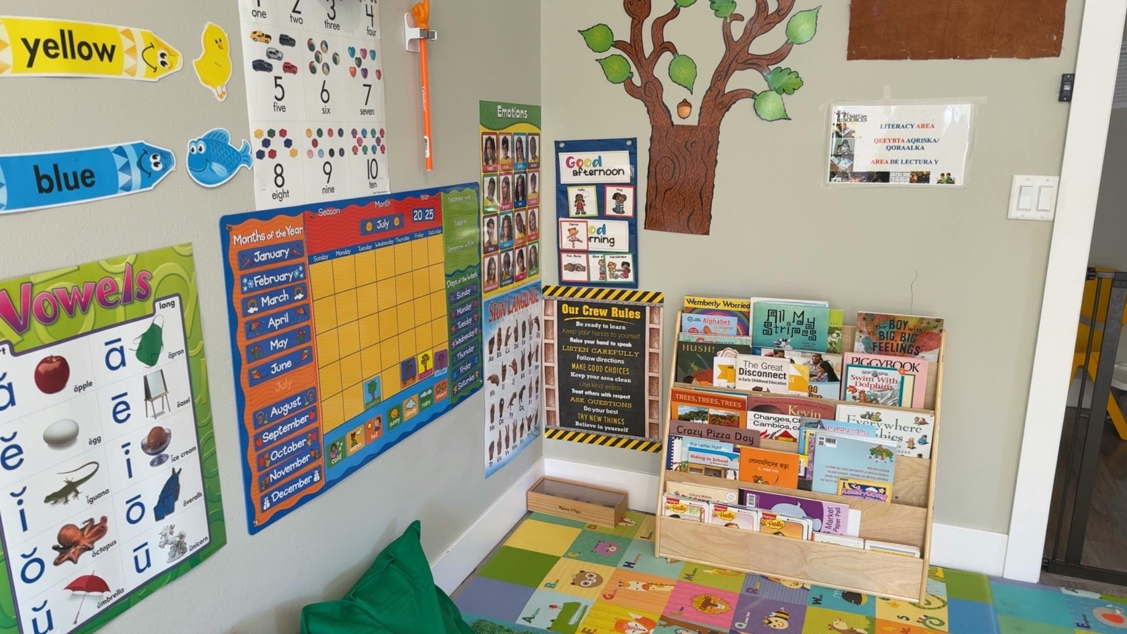 Classroom corner with educational posters and a bookshelf