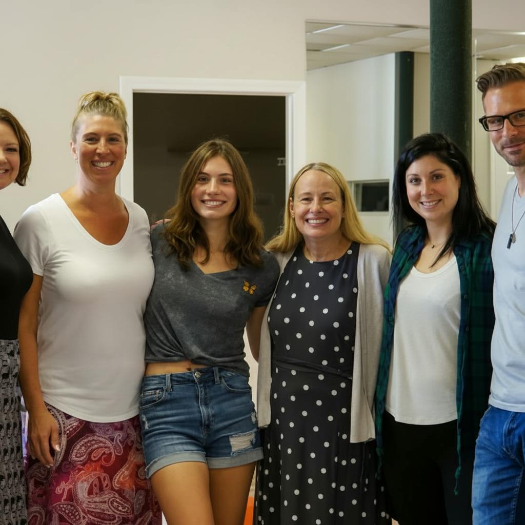 Group of six people smiling and standing together