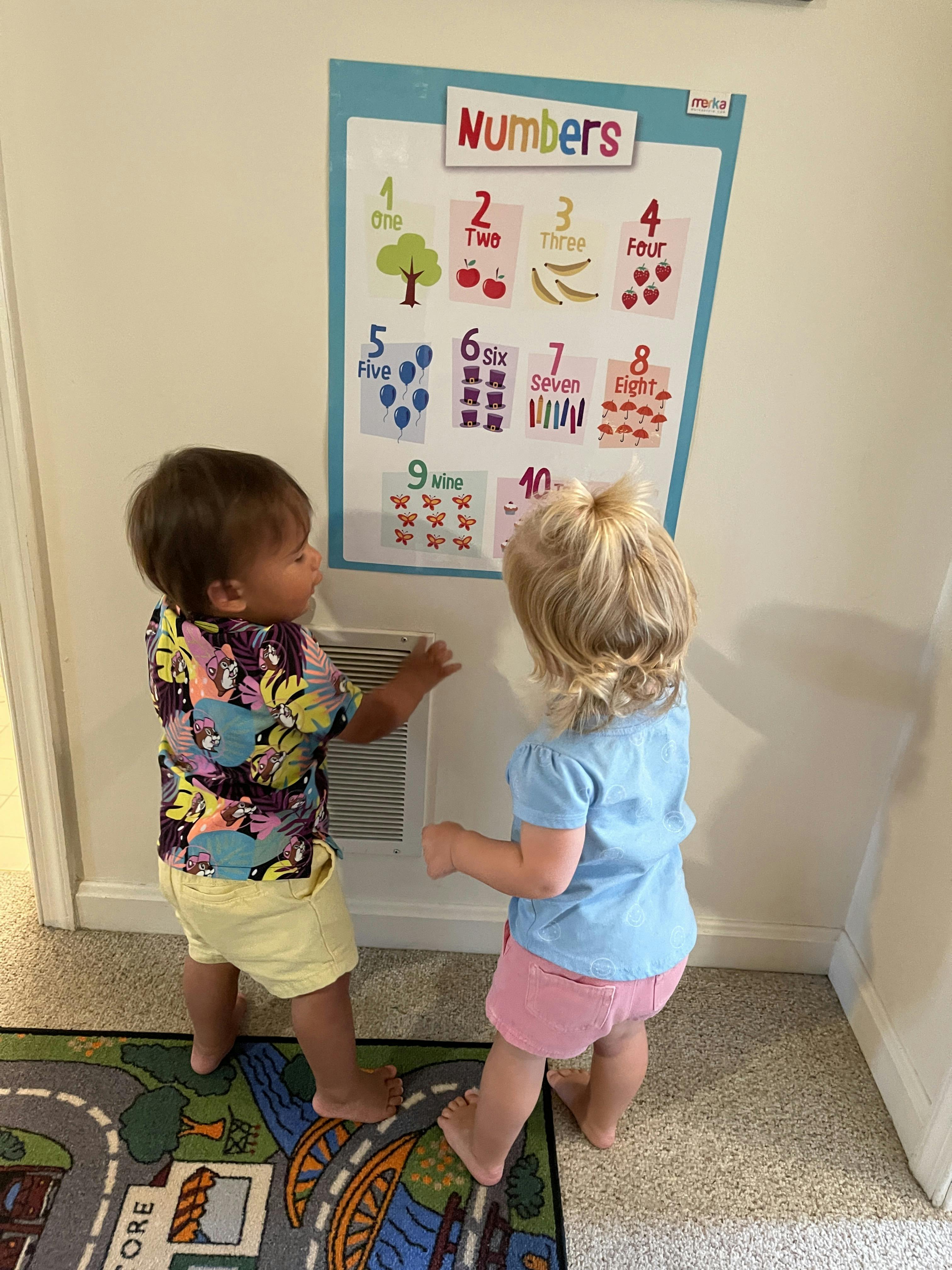 Two children looking at a numbers educational poster on a wall
