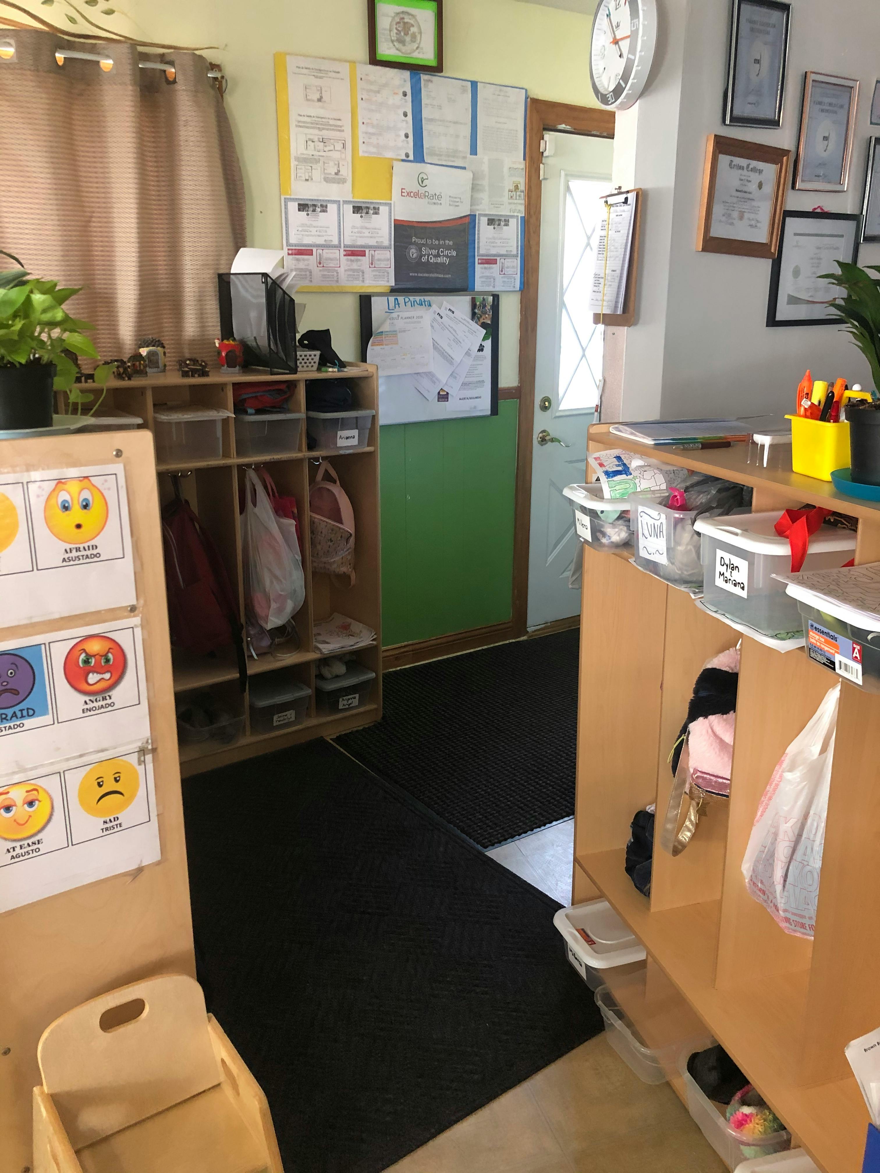 Classroom with cubbies and bulletin board