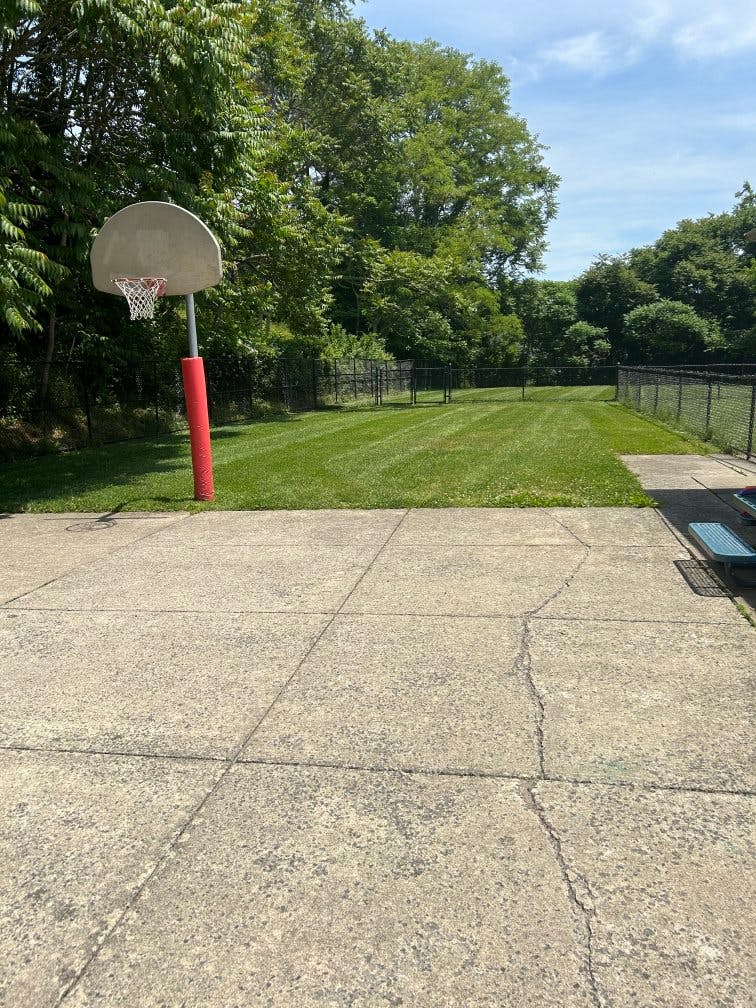 Basketball hoop on a concrete court next to a grassy area