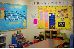Classroom with bulletin boards and small tables