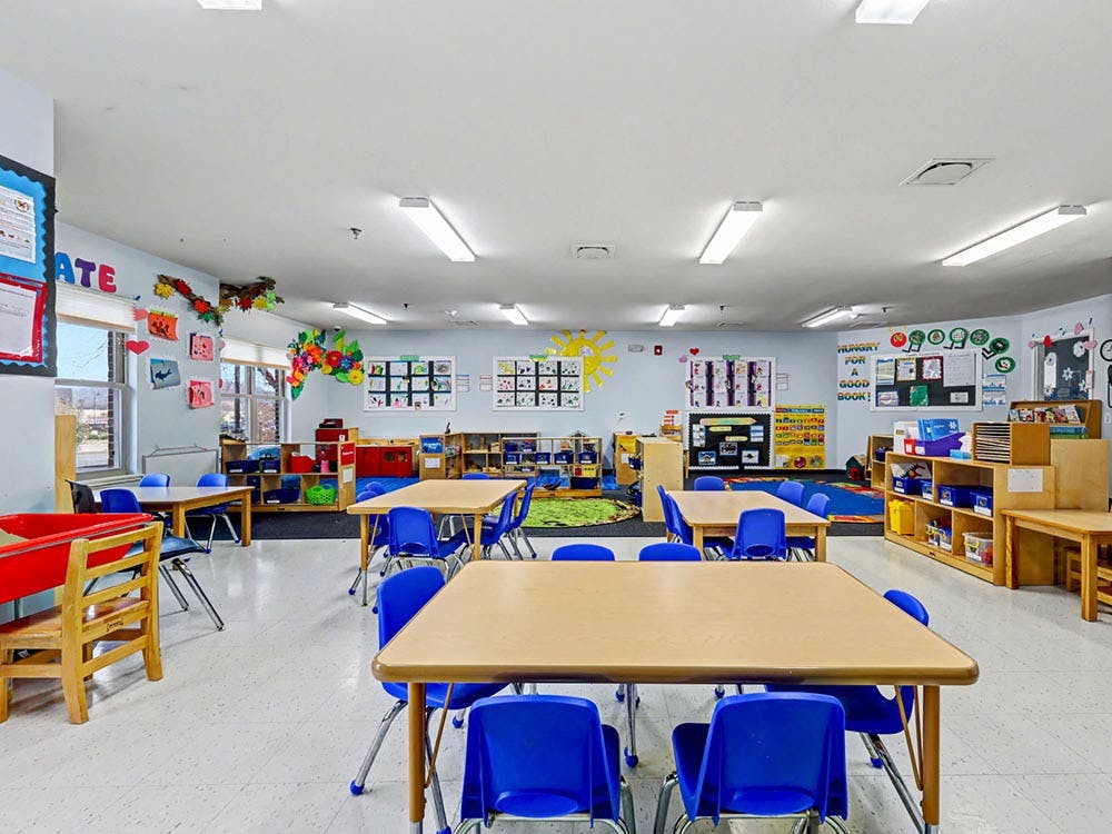 Empty classroom with small tables and chairs