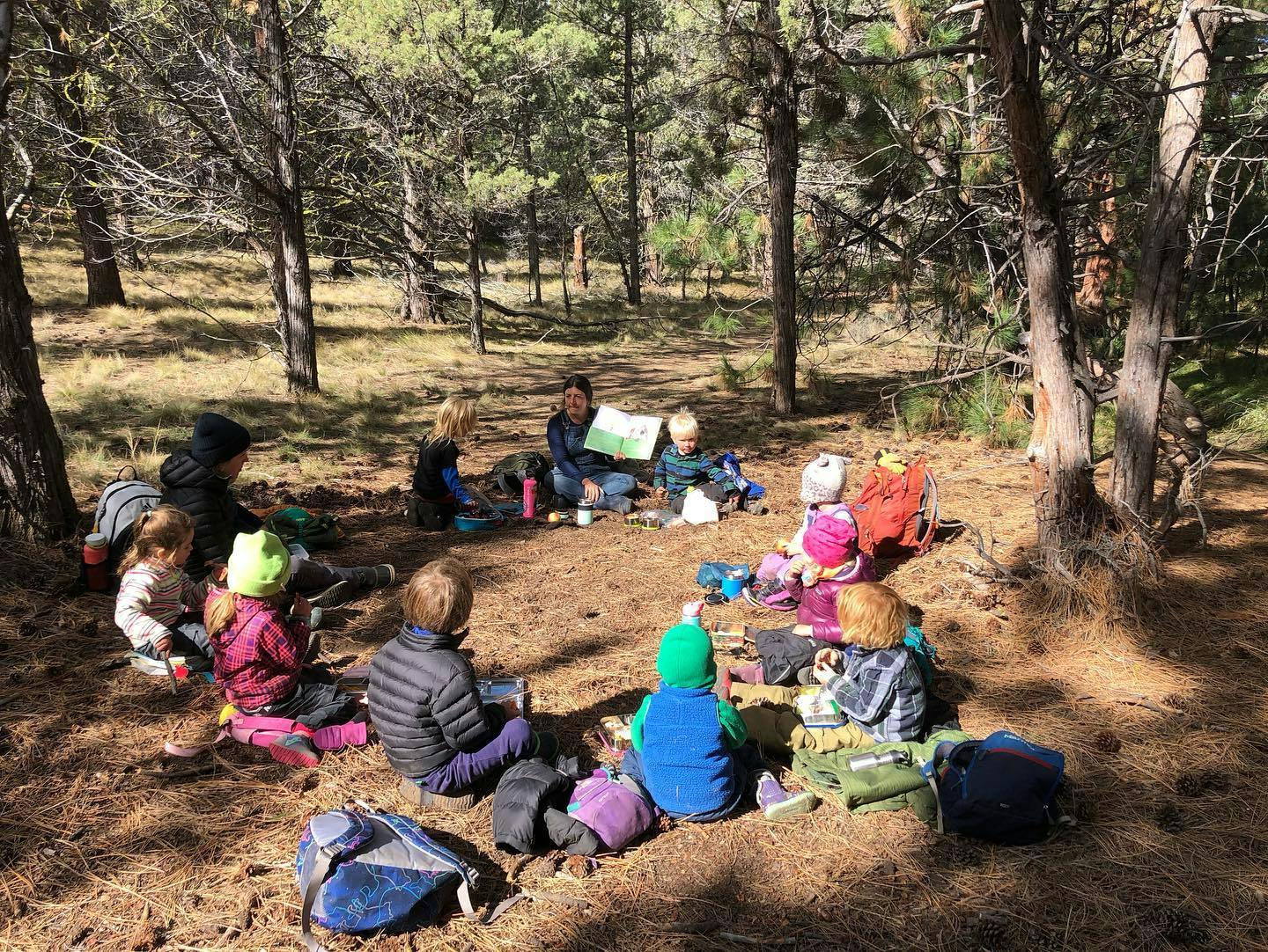 Person reading to a group of children sitting on the ground in a forest
